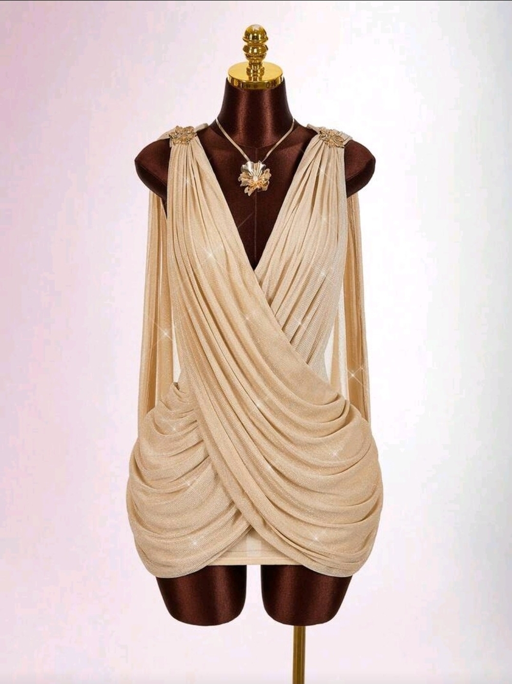 Elegant Cream Draped V-Neck Mini Dress